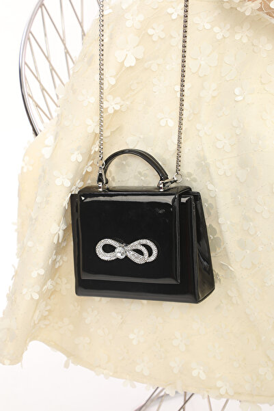 Piedra Black Color Shiny Patent Leather Stoned Evening Bag with Magnetic Cover and Hanger Width: 17.5 Cm Length: 14 Cm