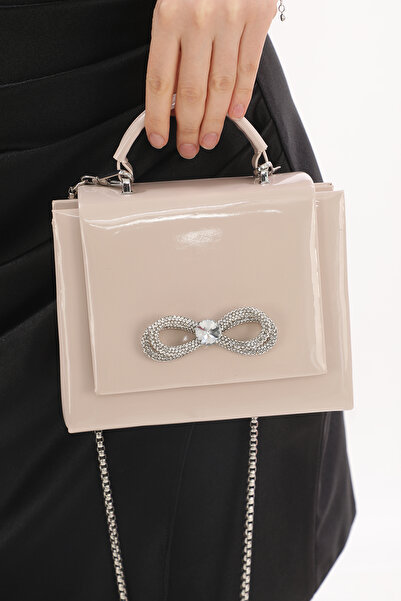 Piedra Beige Colored Shiny Patent Leather Stoned Evening Bag with Magnetic Cover and Hanger Width: 17.5 Cm Length: 14 Cm