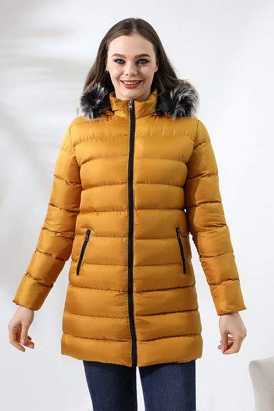 Talsmoda MUSTARD YELLOW COLOR HOODED ZIPPERED MICROJEL FILLED PLUSH WATER AND WIND PROOF COAT