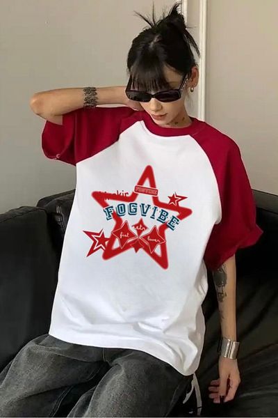 EFBUTİK White Unisex Red Reglan Stars Fogvibe T-Shirt