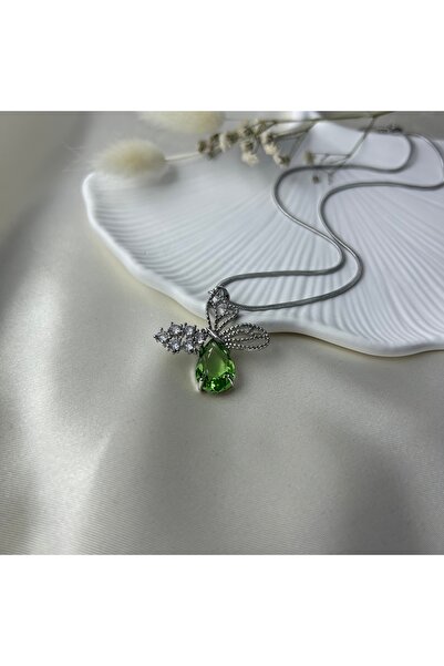 Steel Fashion İstanbul Yeşil Taşlı Kelebek Kolye