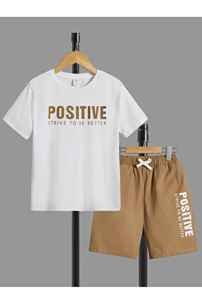 BYMEER طقم شورت أطفال بطبعة إيجابية باللونين الأبيض والبيج