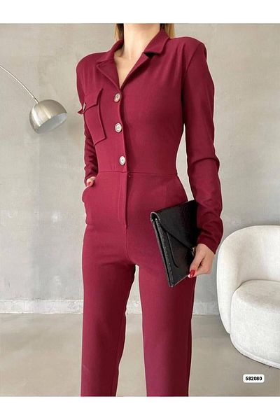 MsLena Butik Women's Button Detail Shirt Collar Long Sleeve Crepe Fabric Jumpsuit Claret Red