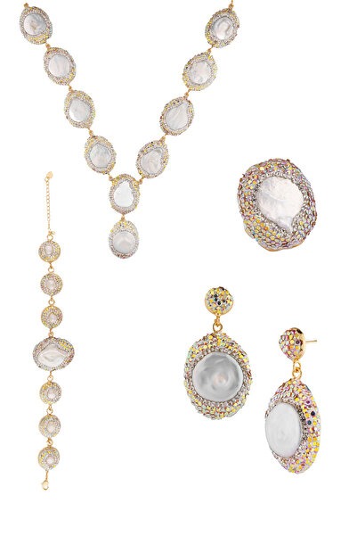 Natuur Collection Asteria Barok Tarzı Inci Set Doğal Taşlı Zirkon Taş Süsleme...