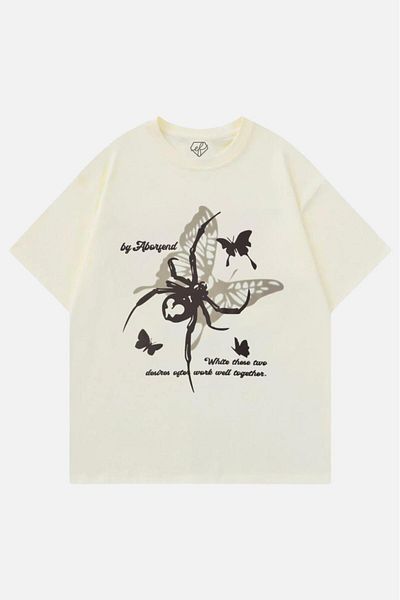 EFBUTİK Beige Unisex Butterfly Spider Graphic Print T-Shirt