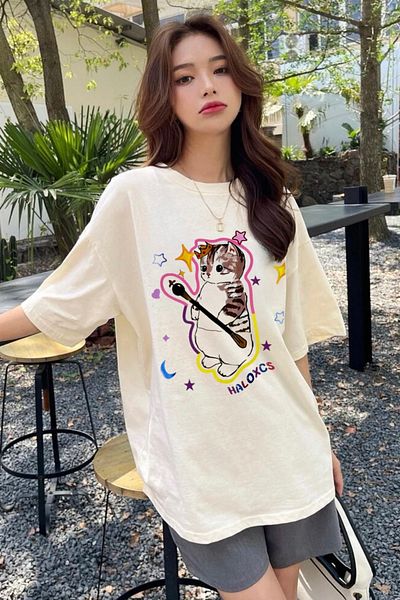 EFBUTİK Beige Unisex Y2K Streetwear Haloxcs Cat T-Shirt