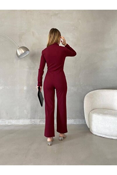 MsLena Butik Women's Button Detail Shirt Collar Long Sleeve Crepe Fabric Jumpsuit Claret Red