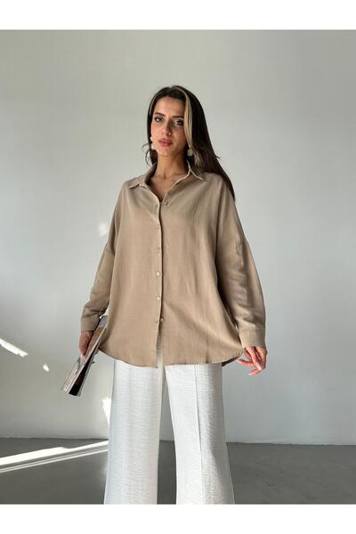 Laluvia Milk Coffee Oversize Off Shoulder Linen Shirt