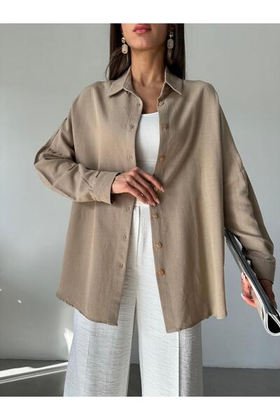 Laluvia Milk Coffee Oversize Off Shoulder Linen Shirt