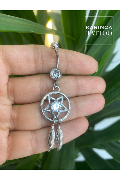 Karınca Piercing Dreamcatcher Beyaz Taşlı Tüy Sallantılı Göbek Piercing