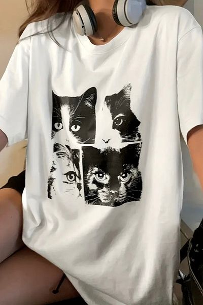 EFBUTİK White Unisex Graphic Cats Print T-Shirt
