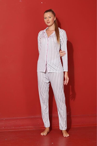 MEBA Victoria Gri Çizgili Önden Düğmeli Uzun Kol Penye Pijama Takımı