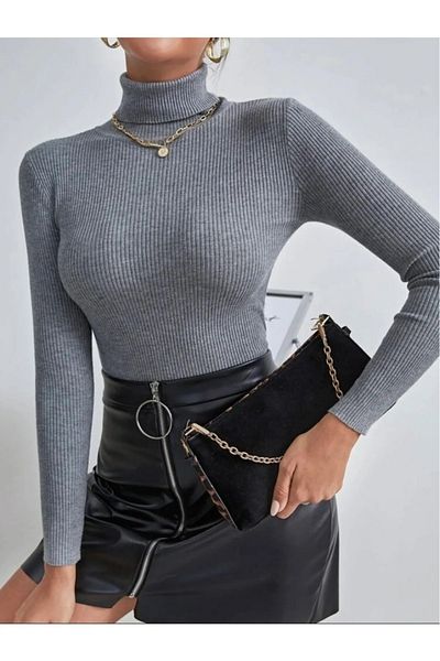 TİMBA Women's Gray Cotton Turtleneck Raster Slimfit Turtleneck Pullover Ribbed Bady
