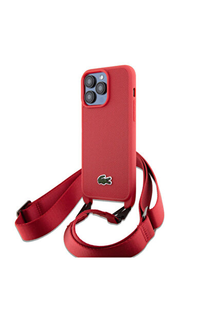 Lacoste iPhone 15 Pro Max Kılıf Lacoste Orijinal Lisanslı PU Pike Desen Askılı İkonik Timsah Logolu Kırmızı