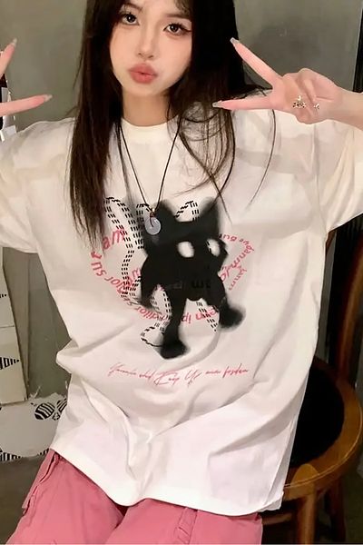 EFBUTİK White Unisex Scared Cat Y2K T-Shirt
