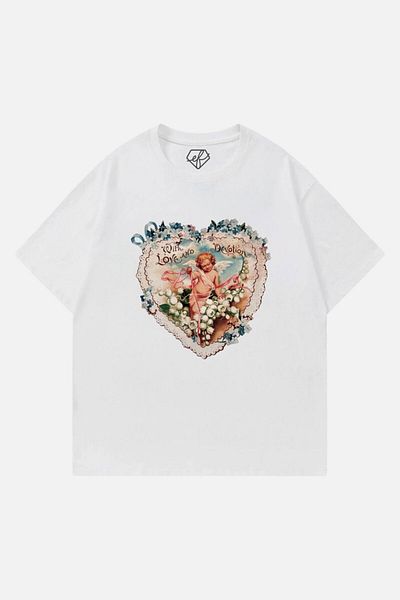 EFBUTİK White Unisex Vintage Style Cupid Flowers T-Shirt