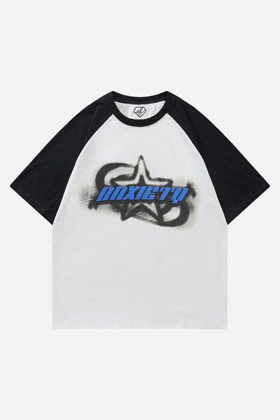 EFBUTİK White Unisex Black Reglan Anxiety Star T-Shirt
