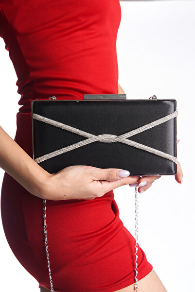 Moda Değirmeni Black Satin Women's Cross Stoned Evening Dress Bag BG1123-310-0002