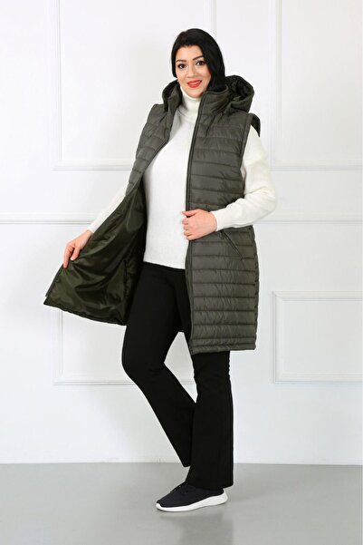By Alba Collection Women's Khaki Long Quilted Plus Size Vest