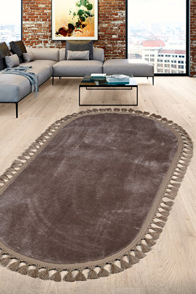 Bonny Home Relax Brown Oval Pompom - سجادة غرفة المعيشة المزخرفة غير القابلة للانزلاق، قابلة للغسل