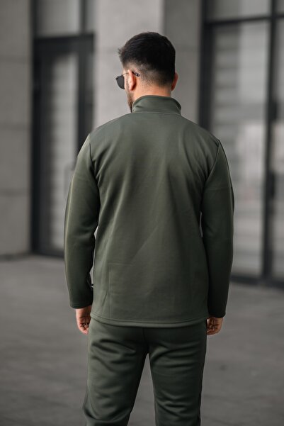 MADZEYMODA Men's Seasonal Scuba Fabric Reflective Detailed Half Zipper Khaki Green Bottom Top Set