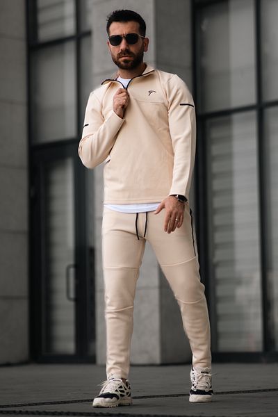 MADZEYMODA Ανδρικό εποχιακό υφασμάτινο ανακλαστήρα κατάδυσης με λεπτομέρεια μισό φερμουάρ Μπεζ επάνω σετ