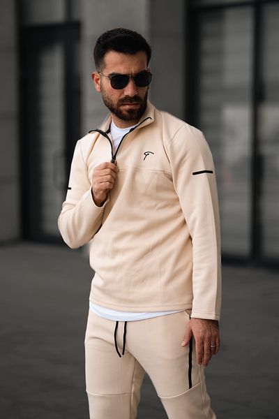 MADZEYMODA Ανδρικό εποχιακό υφασμάτινο ανακλαστήρα κατάδυσης με λεπτομέρεια μισό φερμουάρ Μπεζ επάνω σετ
