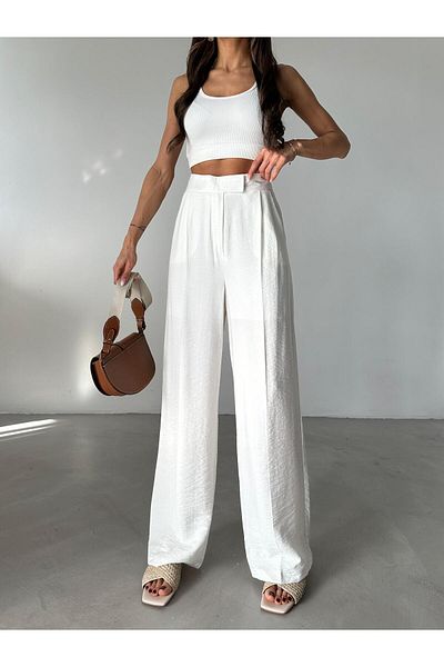 Laluvia Weiße, mit Taillendetails ausgestellte Paca-Hose – 3580