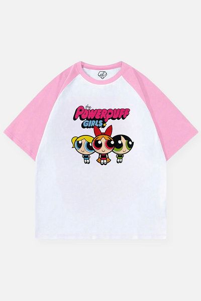 EFBUTİK White Unisex Pink Raglan Powerpuff Girls T-Shirt