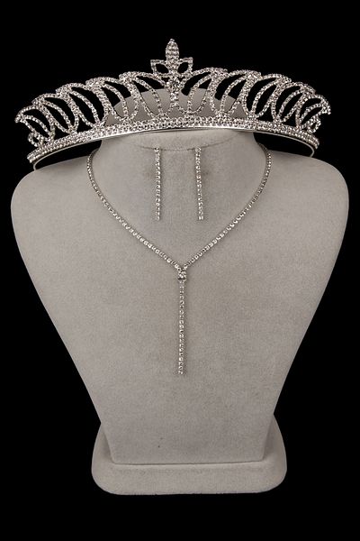 Hayalperest boncuk Damla Stylish Crystal Stone Detailed Evening Dress and Bridal Crown Earring Set