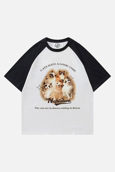 EFBUTİK White Unisex Black Raglan Vintage Kawaii Cats T-Shirt