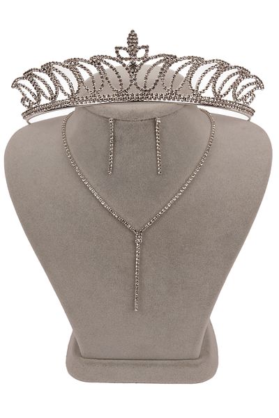 Hayalperest boncuk Damla Stylish Crystal Stone Detailed Evening Dress and Bridal Crown Earring Set