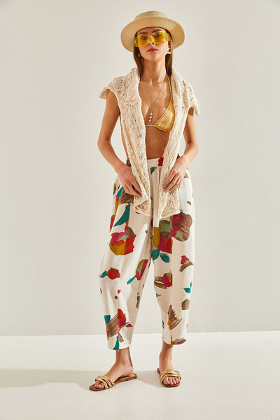 Bianco Lucci Women's Elastic Waist Pocket Patterned Linen Trousers60101057