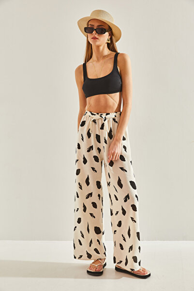 Bianco Lucci Women's Elastic Waist Patterned Linen Trousers60101056