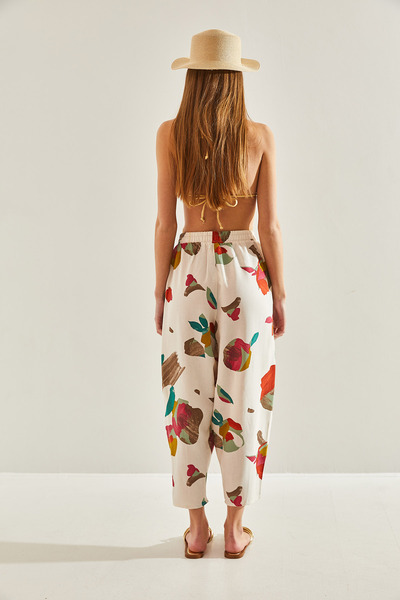 Bianco Lucci Women's Elastic Waist Pocket Patterned Linen Trousers60101057