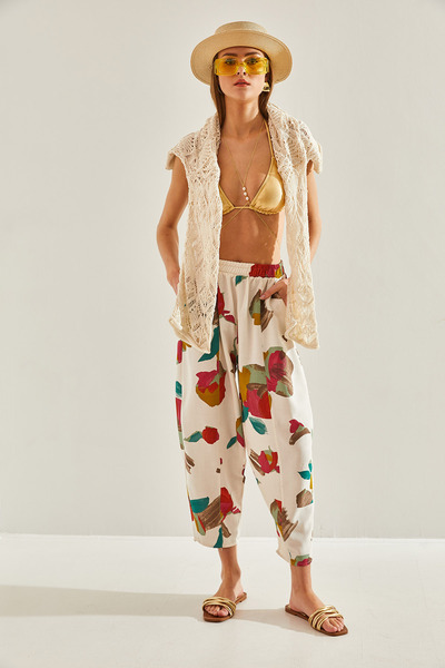 Bianco Lucci Women's Elastic Waist Pocket Patterned Linen Trousers60101057