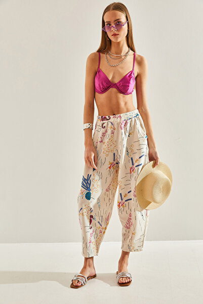 Bianco Lucci Γυναικείο λινό παντελόνι με μοτίβο με ελαστική μέση με τσέπη6010...