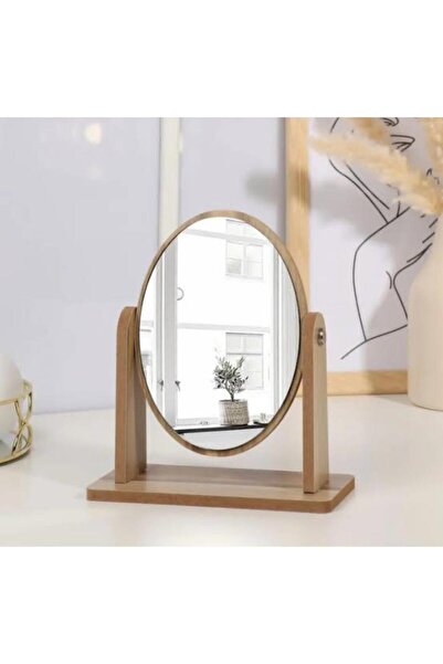 gaman Oval Masaüstü Dekoratif Doğal Ahşap Ayaklı Makyaj 18 CM Ayna