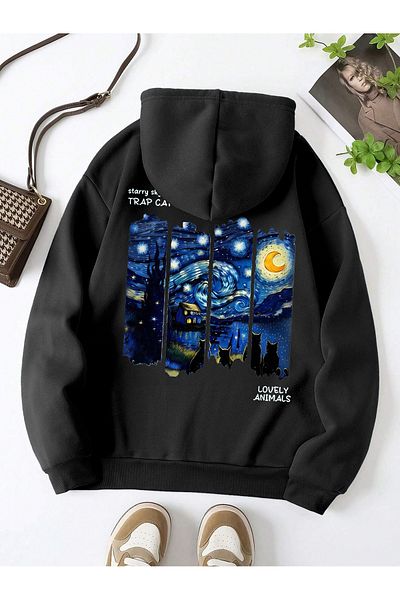 BEETON Starry Night 3 Thread Thick Winter Sweatshirt - Black Printed Oversize Hooded Hoodie