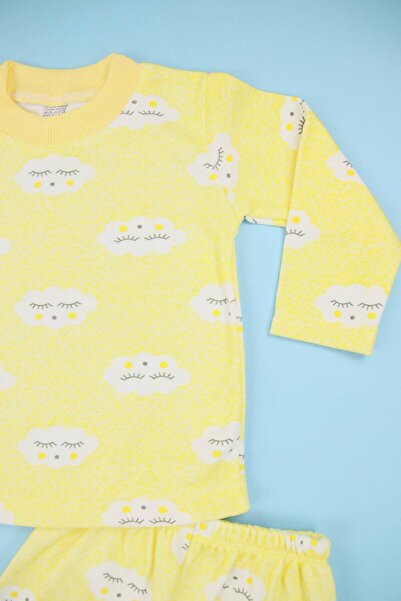 Lindakids Bulut Desenli Pamuklu Sarı Alt Üst Bebek Pijama Takımı