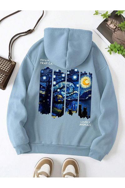 BEETON Χειμερινό φούτερ Starry Night 3 Thread Thick - Baby Blue Printed Oversize Hooded Hoodie