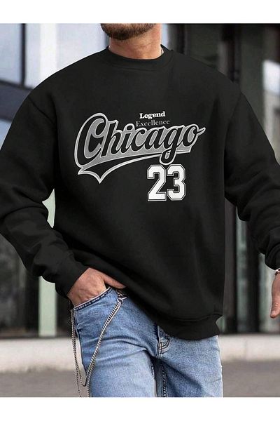 BEETON Chicago Legend 23 Thick Winter Sweatshirt - Black Printed Oversize Crew Neck