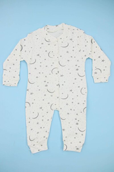 Lindakids Ay ve Yıldız Desenli Beyaz %100 Pamuk Manşetli (Patiksiz) Bebek Tulum