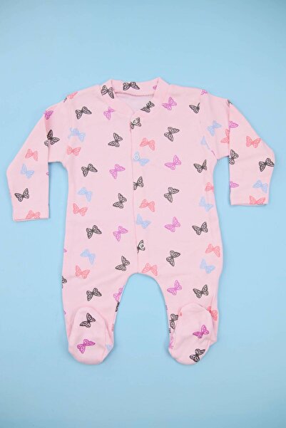 Lindakids Kelebek Desenli Pembe %100 Pamuk Patikli Kız Bebek Tulum