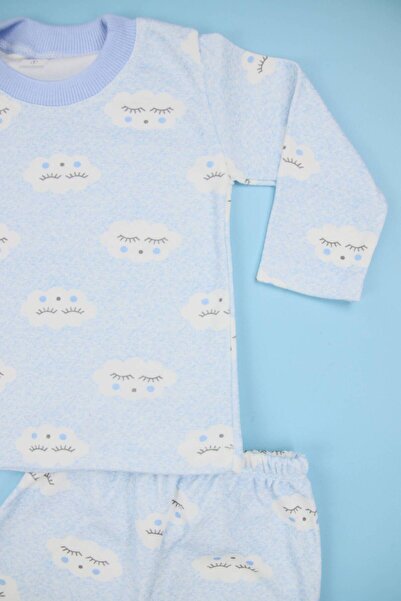 Lindakids Bulut Desenli Pamuklu Mavi Alt Üst Erkek Bebek Pijama Takımı