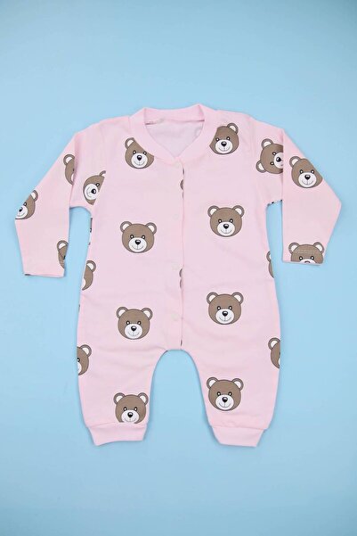 Lindakids Bear Ayıcık Desenli Pembe %100 Pamuk Manşetli (Patiksiz) Bebek Tulum