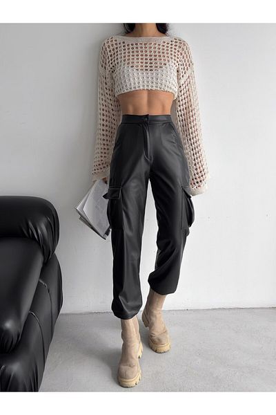 manolyabutik Women's Leather Cargo Pants - Pocket Model
