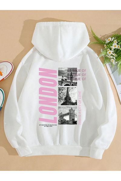 BEETON London Be True 3 Thread Thick Winter Sweatshirt - White Printed Oversize Hooded Hoodie