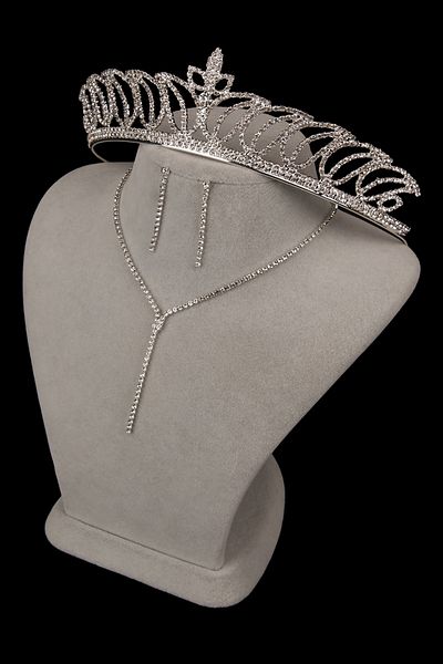 Limelia Drop Model Shiny Stylish Crystal Stone Evening Dress Necklace Earring Set and Flower Bridal Crown