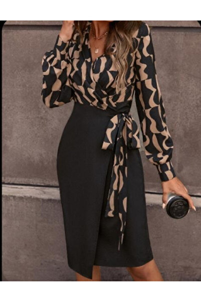 BosFonis Μακρυμάνικο διπλό γιακά - Ψηφιακό εμπριμέ φιόγκο με λεπτομέρεια γυναικείο φόρεμα από ύφασμα κατάδυσης